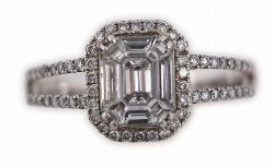 18CT WHITE GOLD EMERALD-CUT DIAMOND CLUSTER RING

