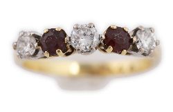 18CT YELLOW GOLD RUBY AND DIAMOND FIVE-STONE RING