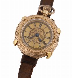 14K GOLD LADIES FOB WATCH ON LEATHER STRAP, CIRCA 1900