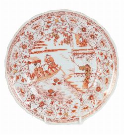 CHINESE IRON-RED & GILT â€˜RIVERSIDE SCENEâ€™ PORCELAIN PLATE, QING DYNASTY, KANGXI PERIOD (1662â€“1722)

