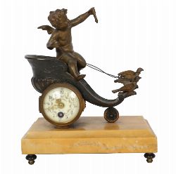 19TH-CENTURY BRONZED FIGURAL MANTEL CLOCK, IN THE FORM OF A SCROLLING CORNUCOPIA CHARIOT