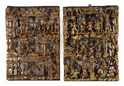 19TH-CENTURY CHINESE GILTWOOD CARVED RELIEF PANELS (PAIR)