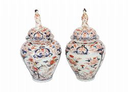 PAIR OF CHINESE QING IMARI VASES WITH FIGURAL FINIALS