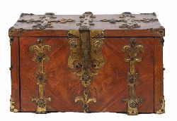 18TH-CENTURY BRASS-BOUND OYSTER-VENEERED CHEST WITH FITTED INTERIOR