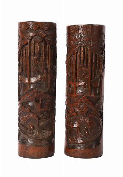 PAIR OF CARVED CHINESE QING BAMBOO BRUSH POTS
