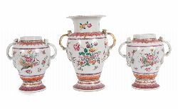 19TH-CENTURY GARNITURE OF CHINESE OR SAMSON POLYCHROME VASES