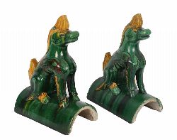 PAIR OF CHINESE GLAZED ROOF TILES WITH MYTHICAL BEASTS