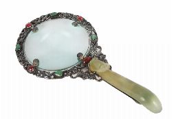 CHINESE SILVER-MOUNTED MAGNIFYING GLASS WITH JADE DRAGON HANDLE