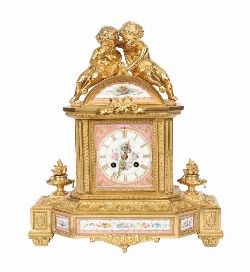 FRENCH GILT BRONZE AND PORCELAIN MANTEL CLOCK, 19TH CENTURY