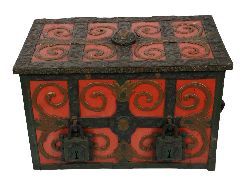 LATE 17TH-CENTURY IRON-BOUND AND PAINTED METAL TRUNK