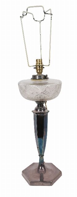 EDWARDIAN SILVER-PLATED AND CUT-CRYSTAL OIL LAMP