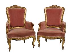 PAIR OF 19TH-CENTURY LOUIS XV STYLE GILTWOOD ARMCHAIRS