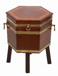 GEORGE III MAHOGANY INLAID AND BRASS-BOUND OCTAGONAL-SHAPED WINE COOLER