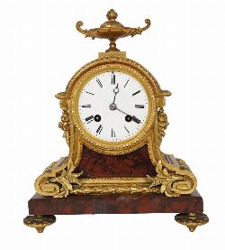 19TH-CENTURY ORMOLU AND ROUGE ROYALE MARBLE MANTEL CLOCK