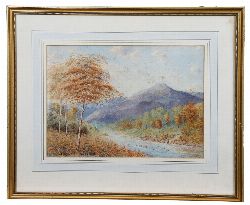S. CRAIG RIVER AND MOUNTAIN LANDSCAPE WATERCOLOUR