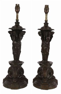 PAIR OF 19TH-CENTURY BRONZE FIGURAL STEMMED TABLE LAMPS