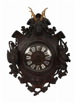 BLACK FOREST CARVED OAK WALL CLOCK WITH STAG MOUNT
