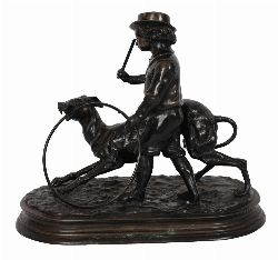 BRONZE SCULPTURE GROUP, YOUNG BOY WITH WHIPPET, SIGNED JULES MOIGNIEZ