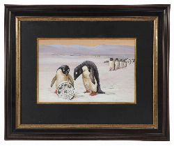 WATERCOLOUR STUDY OF PENGUINS, PREPARATORY DESIGN FOR ‘THE NUGGET’ SHOE POLISH ADVERTISING