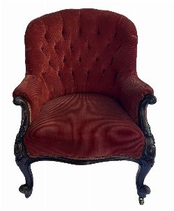 VICTORIAN DEEP-BUTTONED UPHOLSTERED SPOON-BACK ARMCHAIR