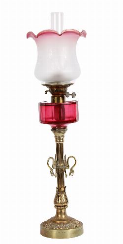 19TH-CENTURY BRASS AND RUBY GLASS OIL LAMP