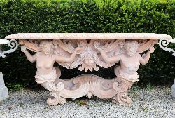 GRAND ARCHITECTURAL CARVED MARBLE GARDEN TRITON CONSOLE TABLE