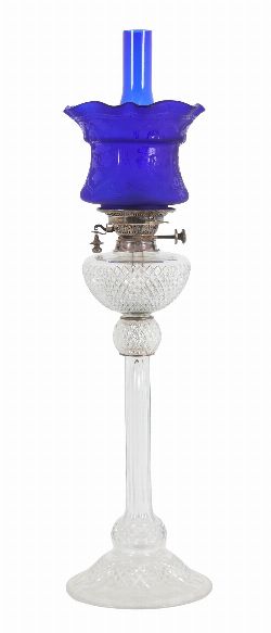 19TH-CENTURY CUT-CRYSTAL COLUMN OIL LAMP WITH BRISTOL BLUE GLASS SHADE