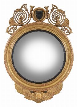 VERY LARGE REGENCY STYLE CARVED GILTWOOD CONVEX WALL MIRROR