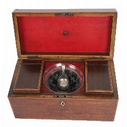 GEORGE III MAHOGANY AND SATINWOOD DOUBLE TEA CADDY