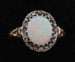 9CT GOLD, OPAL AND DIAMOND CLUSTER RING