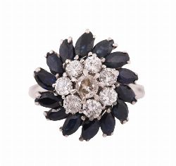18CT GOLD, DIAMOND AND SAPPHIRE RING