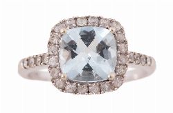 14CT WHITE GOLD AQUAMARINE AND DIAMOND CLUSTER RING