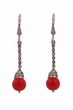 PAIR OF CORAL AND DIAMOND DROP EARRINGS