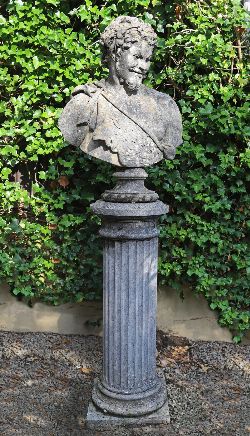 MONUMENTAL STONE BUST OF HERCULES ON PEDESTAL