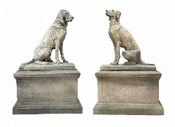 AFTER HENRI ALFRED JACQUEMART (1824-1896) - PAIR OF MONUMENTAL MOULDED STONE HUNTING HOUNDS