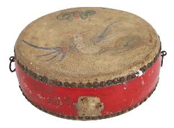 VINTAGE PAINTED WOOD AND HIDE DRUM