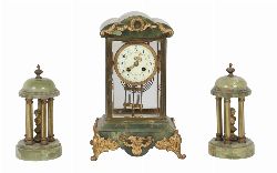 LATE VICTORIAN BRASS AND GREEN ONYX MANTEL CLOCK GARNITURE