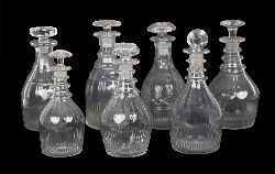 LOT OF SEVEN 18TH-CENTURY IRISH GLASS DECANTERS