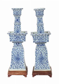 PAIR OF CHINESE QING BLUE AND WHITE CEREMONIAL ALTAR CANDLESTICKS