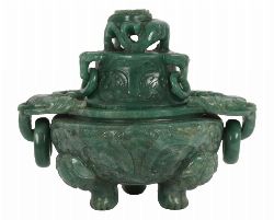 20TH-CENTURY CHINESE CARVED HARDSTONE CENSER AND COVER