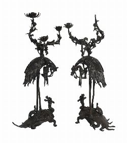 PAIR OF 19TH-CENTURY JAPANESE PATINATED-BRONZE CRANE CANDLESTICKS
