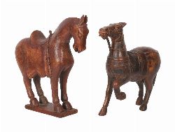 TWO CARVED WOODEN HORSE FIGURES