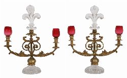 PAIR OF FRENCH GILT BRONZE AND CUT GLASS TWO-LIGHT CANDELABRA