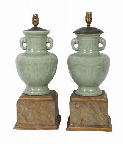 PAIR OF CHINESE CELADON GLAZED BALUSTER VASE TABLE LAMP
