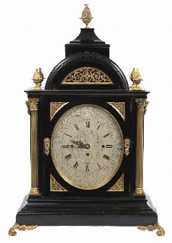 LARGE 19TH-CENTURY EBONISED AND GILT-METAL MOUNTED MUSICAL BRACKET CLOCK BY WILLIAM PAGE