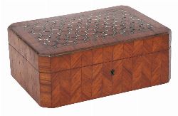19TH-CENTURY ROSEWOOD, SATINWOOD AND MOTHER-OF-PEARL INLAID JEWELLERY CASKET