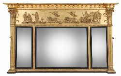 LARGE REGENCY GILTWOOD AND EBONISED OVERMANTEL MIRROR