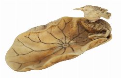 JAPANESE CARVED IVORY LOTUS LEAF DISH