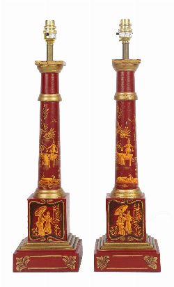 PAIR OF RED CHINOISERIE LACQUERED TABLE LAMPS
