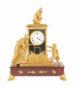 FRENCH EMPIRE ORMOLU AND ROUGE MARBLE MANTEL CLOCK